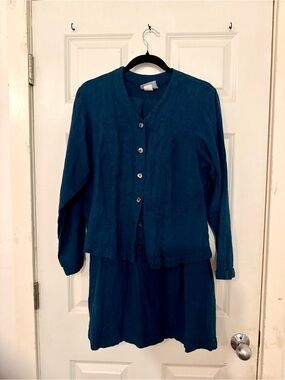 Vintage Mishi Teal Women's Button-Front Linen Jacket and Skirt Set